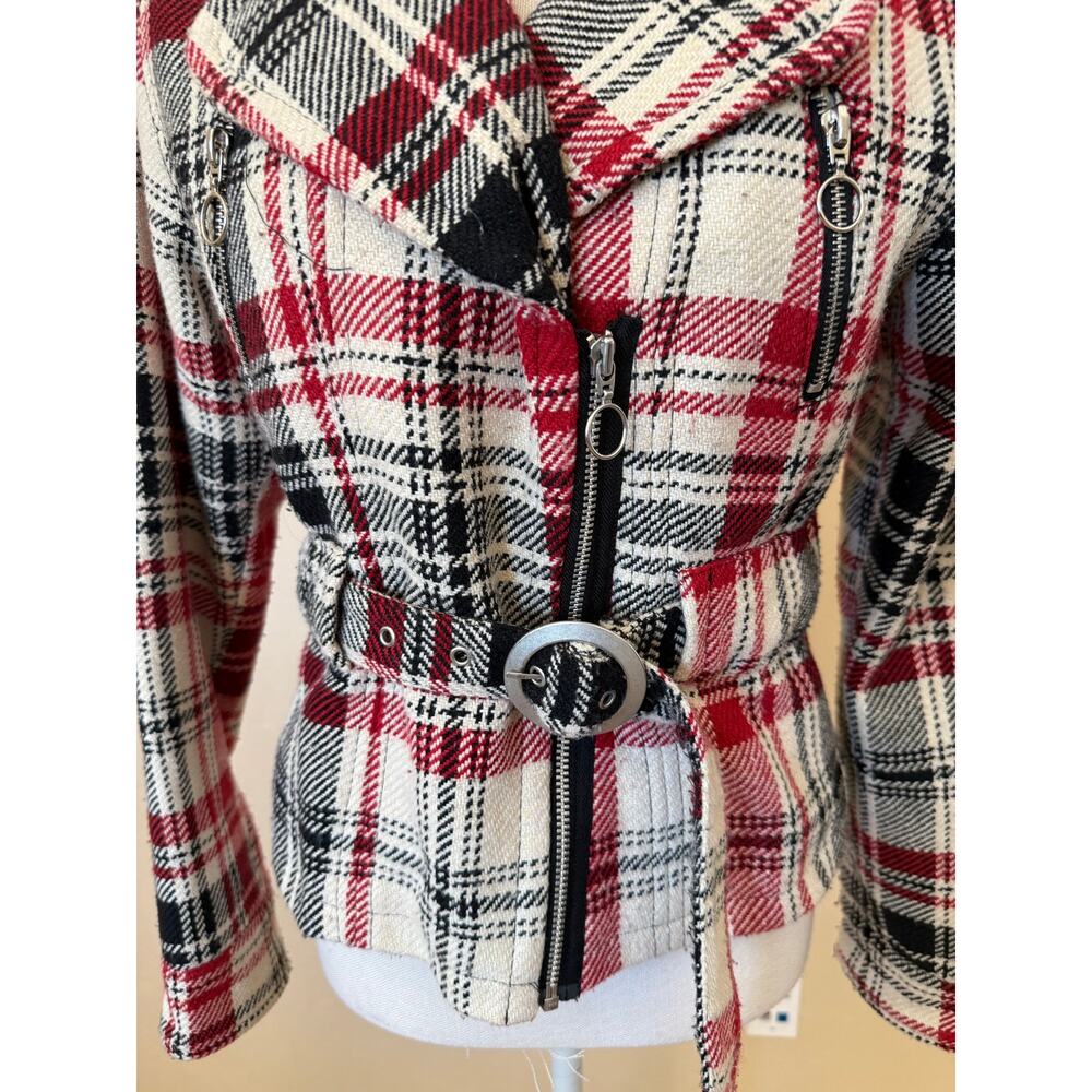 Plaid Moto Jacket Red Black Cream Belted Wool Blend Cato Small Zip Front Lined - Picture 4 of 12